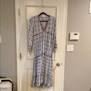 Zara Boho V-Neck Long Sleeve Maxi Dress in White with Navy Motif.  Size XS